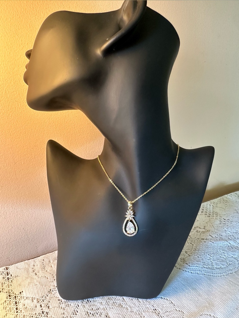 Adina Eden Gold Teardrop Pendant Necklace with Clear CZ Stones. 16” with 2” ext